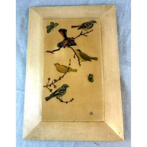 Vtg Birds & Butterflies Painting Wood Panel Glossy Finish Folk Art Signed 12x8"